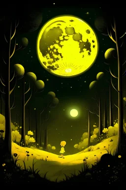 cute, kids friendly, no children, yellow full moon, night, forest, wallpaper, beautiful