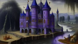 A violet mad doctor's chateau with a toxic moat painted by Lucas van Leyden