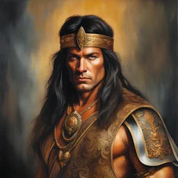 Conan the Barbarian dressed as an 18th century prince, dark, multicolored watercolor stained wall in the background, oil painting in the art style of Boris Vallejo, 32k UHD, Hyper realistic, photorealistic, realistic, sharp, highly detailed, professional quality, beautiful, awesome, majestic, superb, trending on artstation