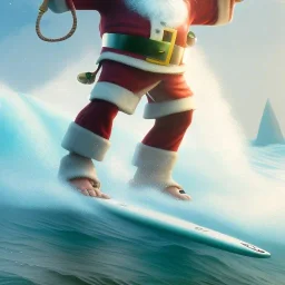 Santa standing of surfboard surfing a big wave, surfboard, beach, character design by cory loftis, fenghua zhong, ryohei hase, ismail inceoglu and ruan jia. unreal engine 5, artistic lighting, highly detailed, photorealistic, fantasy