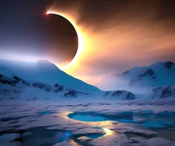 solar eclipse, high detail , global lighting, dramatic rocky landscape, Mountain of Ice, 4 k , photo-realistic