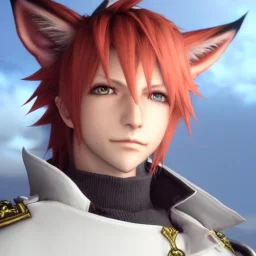 Final fantasy XIV, highly detailed, 8k octane, HDR, ultra detailed, best quality, highest, Detailed anime boy, miqote, crimson red hair, wolf ears protruding, orange ceyes, white trench coat, intricate details, Dark knight (final fantasy), full body portrait, keep head in frame, perfect face, symmetrical face, slight smile with a single fang exposed, black Japanese motif, concept art, highly detailed, digital painting, concept art, sharp focus, highly detailed colorful background illustration