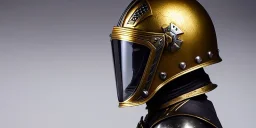 apocalypse, chaotic, magnificent, realistic, colorful, massive, epic, ray tracing, cinematic, 8k, HD, Ultra High Definition, photo film, film grain, hyper-detailed, old tarnished ornate rusty Hyper detailed Gold Gothic Medieval Knight helmet with glass visor covering face and matching whole body suit of armor, realistic proportions, no face