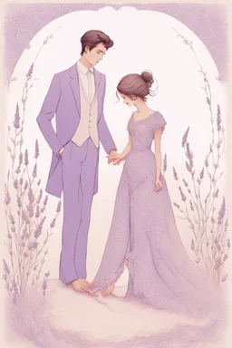 an illustration of a Beautiful woman AND MAN stands gracefully in an elegant, flowing lavender dress adorned with delicate floral patterns and lace. The backdrop behind her transitions from cream at the bottom to soft hues of lavender at the top, creating a whimsical and almost magical atmosphere. To her right, a piece of lined paper appears, as if torn from a notebook. The borders of this paper are embellished with beautiful flowers,