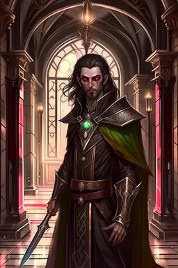 full length, mantle, background dark hall with columns, black cloth, spear in left hand, dark green eyes, the character is not too close to the camera