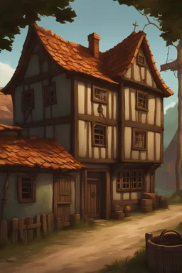 a small village with a few houses in the style of an old point and click adventure game but more realistic