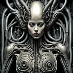 The biomechanical woman created by HR Giger, famous for his work on the Alien franchise, is a striking and surreal fusion of organic and mechanical elements. Her body is often depicted as a complex network of tubes, cables, and other mechanical components seamlessly integrated with her human form. The result is a truly unique and unsettling creature that blurs the line between man and machine. Giger's biomechanical women are often depicted in a state of eerie calm, their features an unsettling m