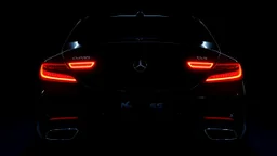 Full image of the rear view of a black Mercedes-Benz CLS with bright neon lights on a black background