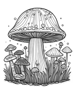 mushroom world minimalistic landscape. line art, background, vector, svg, coloring book page style, black outline on white background