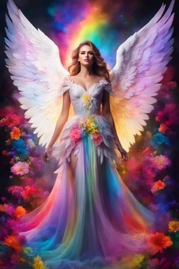 Gorgeous Photography Beautiful Woman as Angel with clothing abstracts flowers luxury gown dressing painting art neons rainbow colors glowing in the dark and colorful details, light leaks boleh colors,flowers background