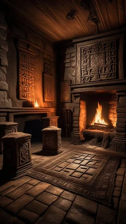 Create an image of old house with a fireplace with strange runes in side a temple with dim light of fire torch on the wall in the background