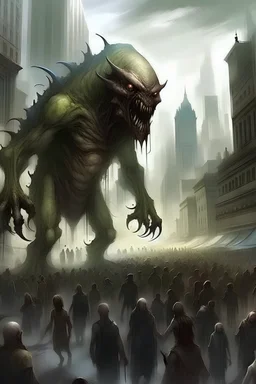 a fantasy creature attaking on a crowded city, ((fear)), ((terror))