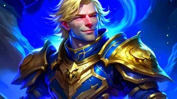 galactic man blond haired deep purple eyes smile knight of sky captain of vessel blue gold armor