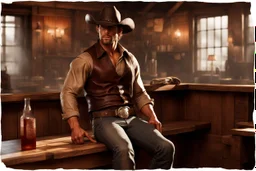 Young rough and rugged muscular cowboy photorealistic in a saloon