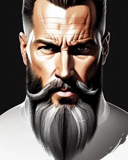 "MIddle aged white human male, with a trimmed but uneven beard, piercing eyes with slick back hair, full-scale head and shoulders portrait, 8k resolution concept art portrait by Greg Rutkowski, Artgerm, WLOP, Alphonse Mucha dynamic lighting hyperdetailed intricately detailed Splash art trending on Artstation triadic colors Unreal Engine 5 volumetric lighting Splash art fantasy"