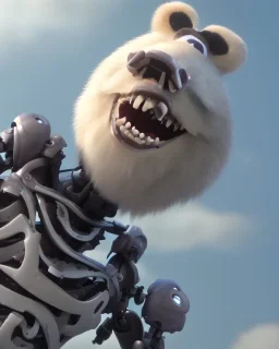 eye and sharp teeth of a robot bear skeleton.