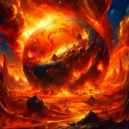Realistic painting of a fantasy planet on fire, fantasy planet rotating and burning, fantasy special effects, high detail digital painting