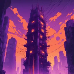 The tall tower with network cyberpunk comics style, in orange and purple