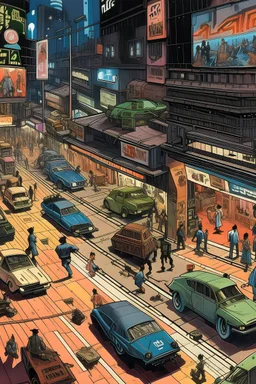 80s omic book vignette depicting a scene in a cyberpunk city. Top down view with two vanishing points, as if seen from a first floor looking down to the street. Multiple pintoresque characters walk on a crowded sidewalk next to a 4 lane street packed with futuristic looking cars. Dense bags of smoke and pollution appear among the cars. Multiple commerce signs hang from the opposing street building's façades. The perspective vanishes diagonally on the page.