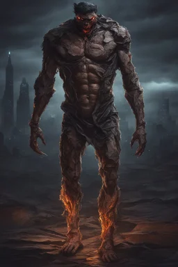 a demon dressed in a human body patchwork sewn of big pieces of human skin. walking in the night. scary. terrifying. intense horror. concept art. book cover art.