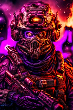 an epic 12k,ultra high definition , digital photo of a scary looking alien, purple colored alien, angy and rising from the ashes, a war veteran, army beret , captain rank, ripped and torn ammo clothing, chaotic fiery and dust background, dramatic close-up action shot of him behind the machine hand gun on the burned out war tanker,gothic and sinister