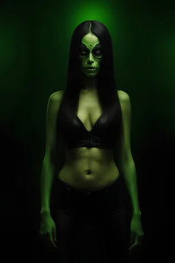 inspired by all the works of art in the world - A Fantastical Heavy Metal Rock and Roll Comedy in 3 notes - Zym Fandell, an extremely tiny, thin, voluptuous beautiful skull-faced Green Martian female with long, black hair, full body image, wearing a skinsuit, Absolute Reality, Reality engine, Realistic stock photo 1080p, 32k UHD, Hyper realistic, photorealistic, well-shaped, perfect figure, perfect face, a multicolored, watercolor stained, wall in the background, hickory dickory Clock