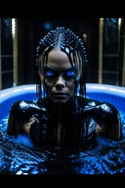Cara delevingne dressed as fallen angel demon,bathing in black water,black horns,