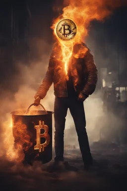 A sizzling Bitcoin logo is steaming from a man's arm. A burning iron had just burned the image on the arm