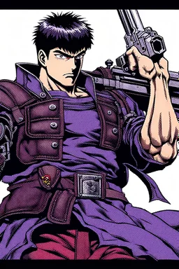 Guts from Berserk front view holds a revolver gun to his head.