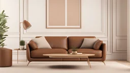 Home interior mock-up with brown leather sofa, table and decor in living room, 3d render