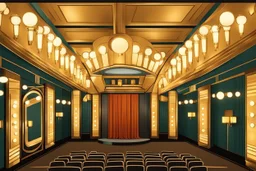 Inside an Art Deco cinema with mirrors and brass sconces, incandescent, gleaming