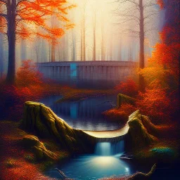 spray painted fantasy art, blurred realism, color corrected, white balance, book illustration,upper body of a realistic photo modell by a dam ,autumn water, colorful, evening