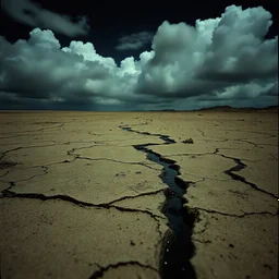 Photograph, an arid surface, night, nothingness, spooky, clouds, close-up, in Yves Tanguy style, nightmare, highly hypermaximalist, details of the terrain very accentuated, 8k, deep 3d field, sharp, eerily mysterious, artistic photo, large format film, shot on Hasselblad, 33mm photography, mysterious, dark, rotten, macabre, streams of black liquid