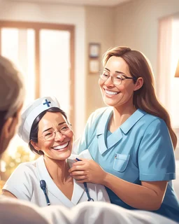 A warm, inviting image of a caring nurse providing personalized care to a smiling patient at home