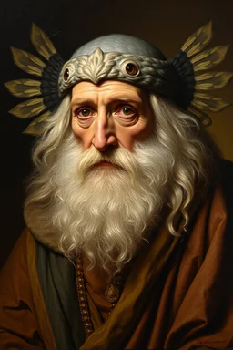 master oil painting by Rembrandt, realistic rendering Portrait of the Apkallu sage who were sent by the god Ea to teach civilization to humanity before the flood. They were depicted as half-human and half-fish or bird, and were associated with wisdom, magic, and culture.