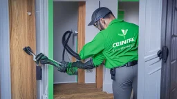 centurylink on-site technician breaking and entering a home with a crowbar