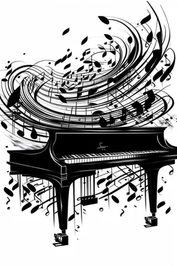 A realistic drawing in negative space black ink on white background of a musical notes and twisted piano keyboard with abstract brushstrokes to enhance sheets music pages max enrist