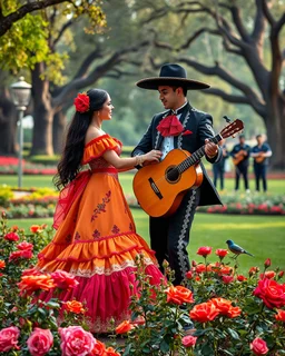 Mexican Beautiful Princess Romantic dancing mariachi with handsome prince in Park city,Sorrounding by Mariachi musician group, flower beds, ornamentation, over,detailed,photography graphic art, song birds, ochre rose, rose buds, dewy morning, forest of oaks