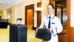 at hotel front desk representative holding suitcase behind back