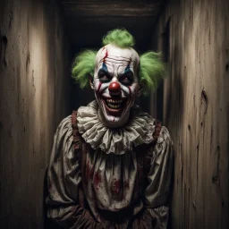 Hyper Realistic Zombie clown creepily smiling in dark hallway with a pentagram on a rustic wall