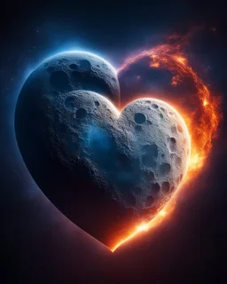 Moon in shape of realisitic heart, biological heart, cinematic, {abstract}, depression, space background, atmospheric, fire, DLSR, soft focus, dispersion