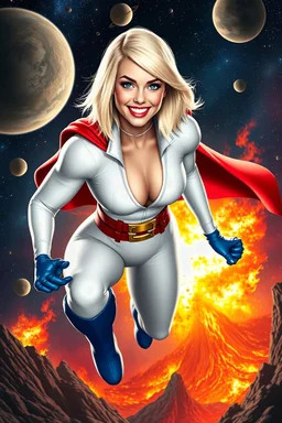 Karen Starr, full body, superhero landing pose, young athletic white female, crew cut bleach-blonde hair, blue eyes, thick black eyebrows, round face, semi-pointed chin, muscular build. Wearing white long-sleeved bodysuit with high collar with plunging neckline, blue elbow gloves, red belt with gold buckle, red cape, blue knee boots. Big smile. Background: outer space, planets, stars, galaxies, fire, explosions, volcanic lava, craggy peaks. Photorealistic