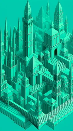 A teal city with towers painted by MC Escher