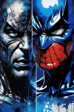 Poster in two gradations, split in half, one side "spiderman", other side "batman", midline of the face, painting by Yoji Shinkawa, dark blue and splash colours detailed iridescent, metallic, translucent, dramatic lighting, hyper futuristic, digital art,