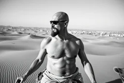man looking like "Walter White" in breaking bad tv show, bald and goatee, with bare chest riding on a camel in sahara in desert, panorama, black and white photo, staring at a small town in horizon