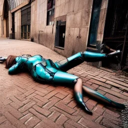 Rusty female cyborg laying in the streets sad and lonely, crying,suit is falling apart