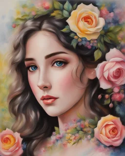 Oil pastel painting of a beautiful girl, beautiful lovely eyes, oil pastel painting, beautiful portrait painting, Oil pastel painting of a girl's face, beautiful painting, fantasy, dream, beautiful, oil pastel painting, fantasy art, fairy, young girl, flowers, colorful oil pastel painting, fine art, 8k