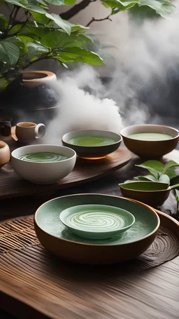 Picture a magical tea ceremony where the tea itself possesses enchanting properties. Capture the detailed teaware, swirling mists, and the serene atmosphere of the ritual