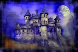 A violet haunted castle filled with ghosts painted by Leonardo da Vinci