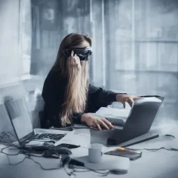 Hacker sitting at laptop, frontal view, award winning photograph